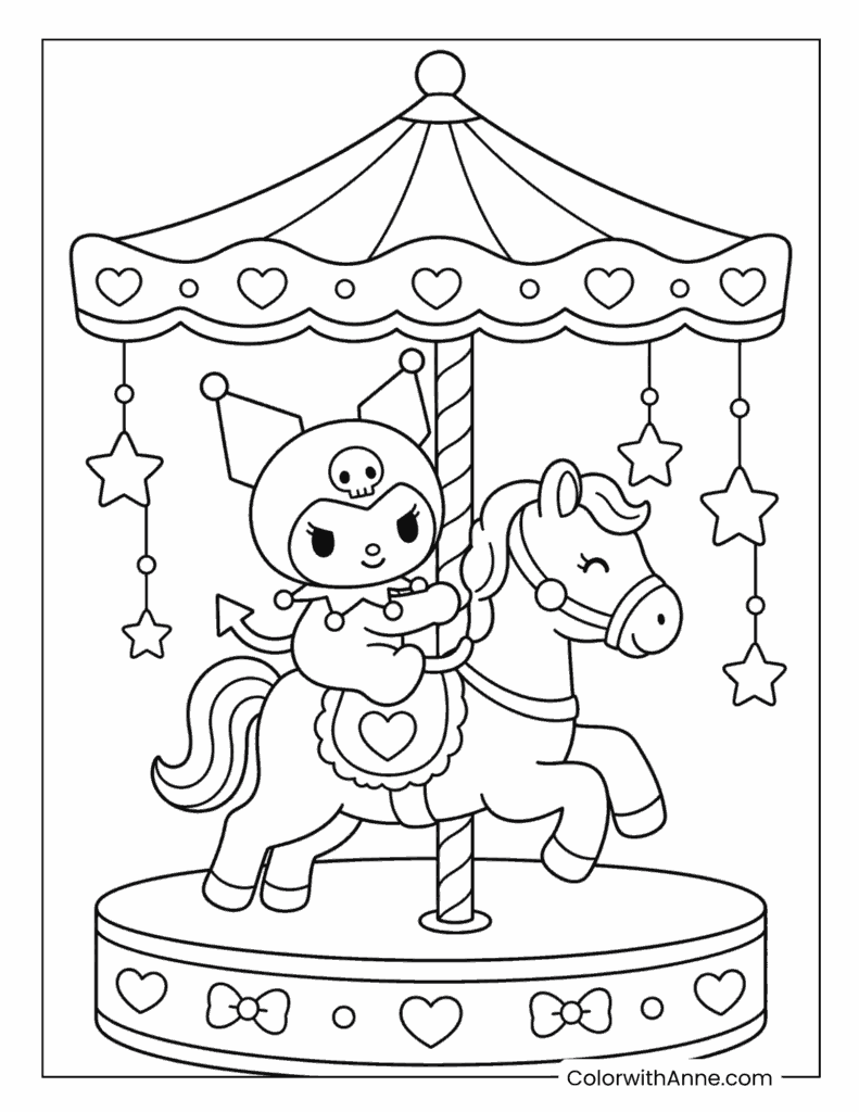 Kuromi Riding a Carousel Horse Coloring Page