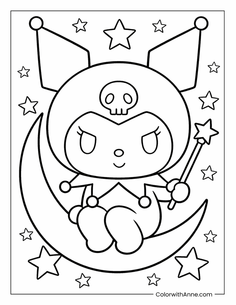 Kuromi Riding a Crescent Moon with a Magic Wand Coloring Page
