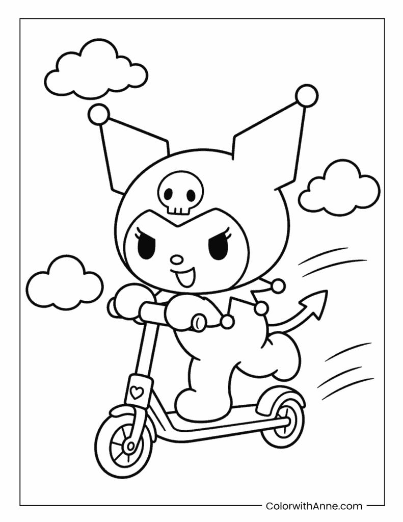 Kuromi Riding a Scooter Coloring Page for Kids