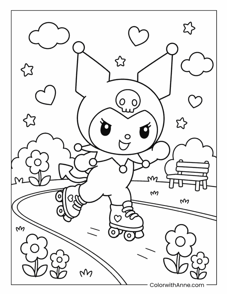 Kuromi Roller Skating in the Park Coloring Page