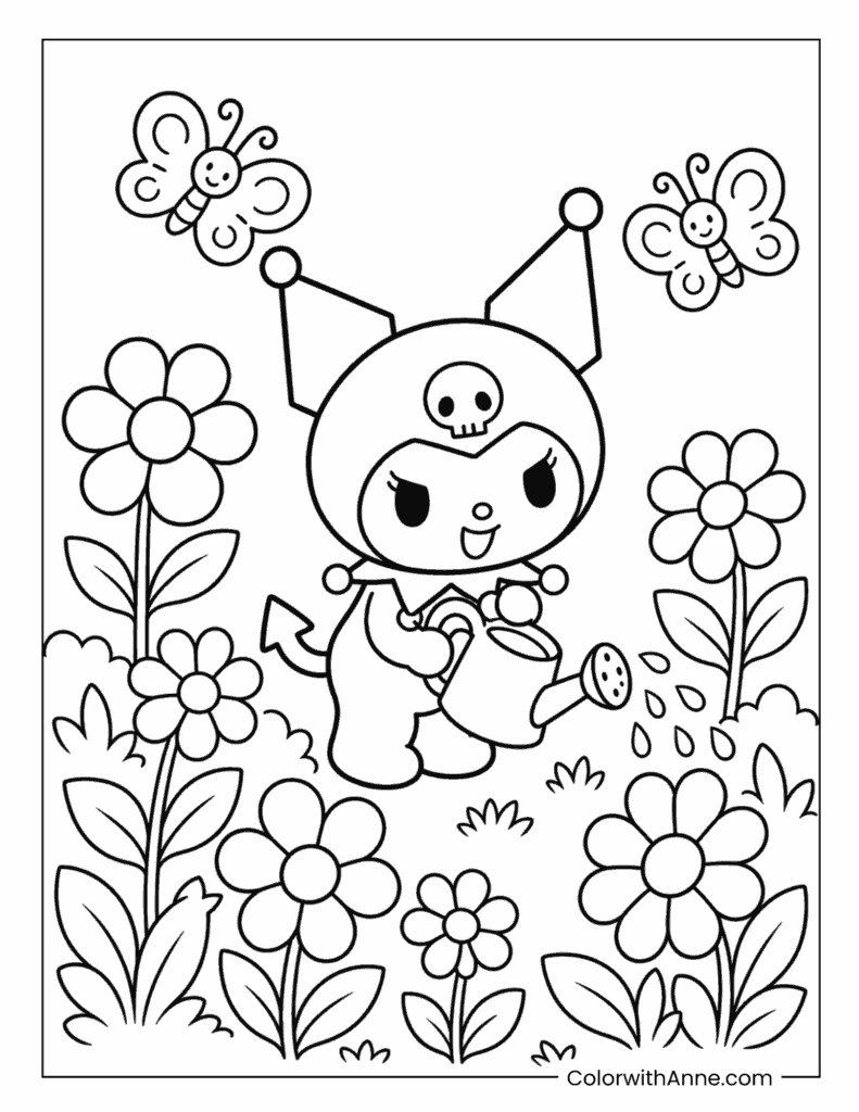 Kuromi Watering Flowers in the Garden Coloring Page