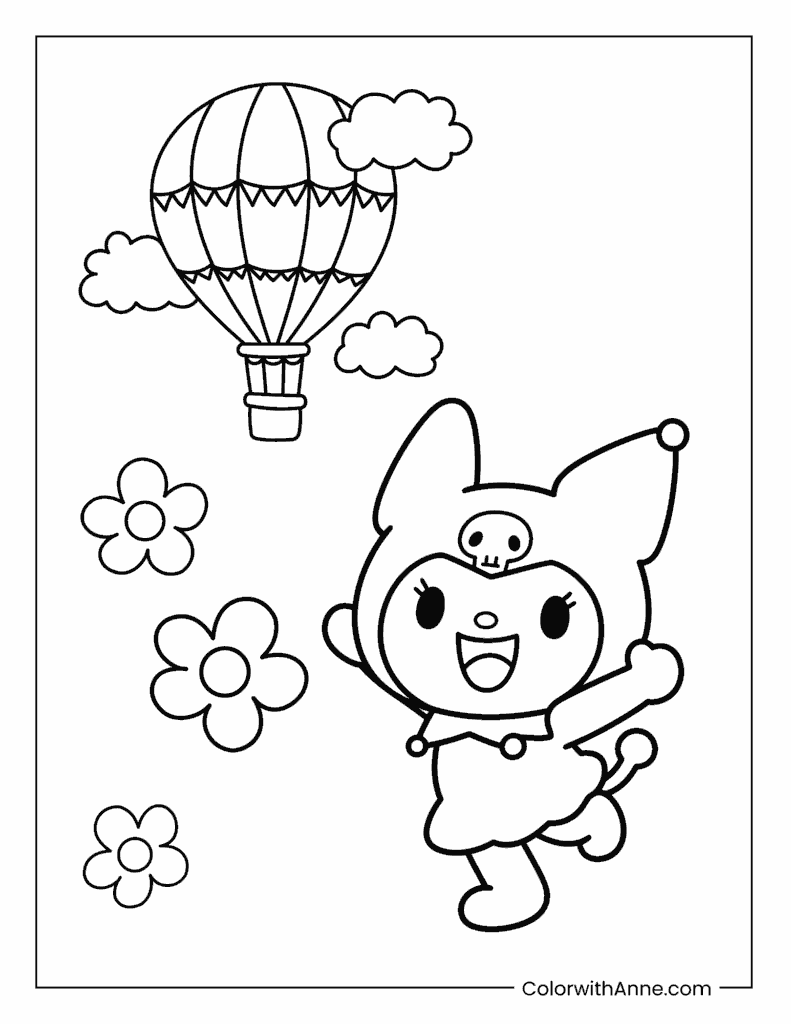 Kuromi and Hot Air Balloon Coloring Page