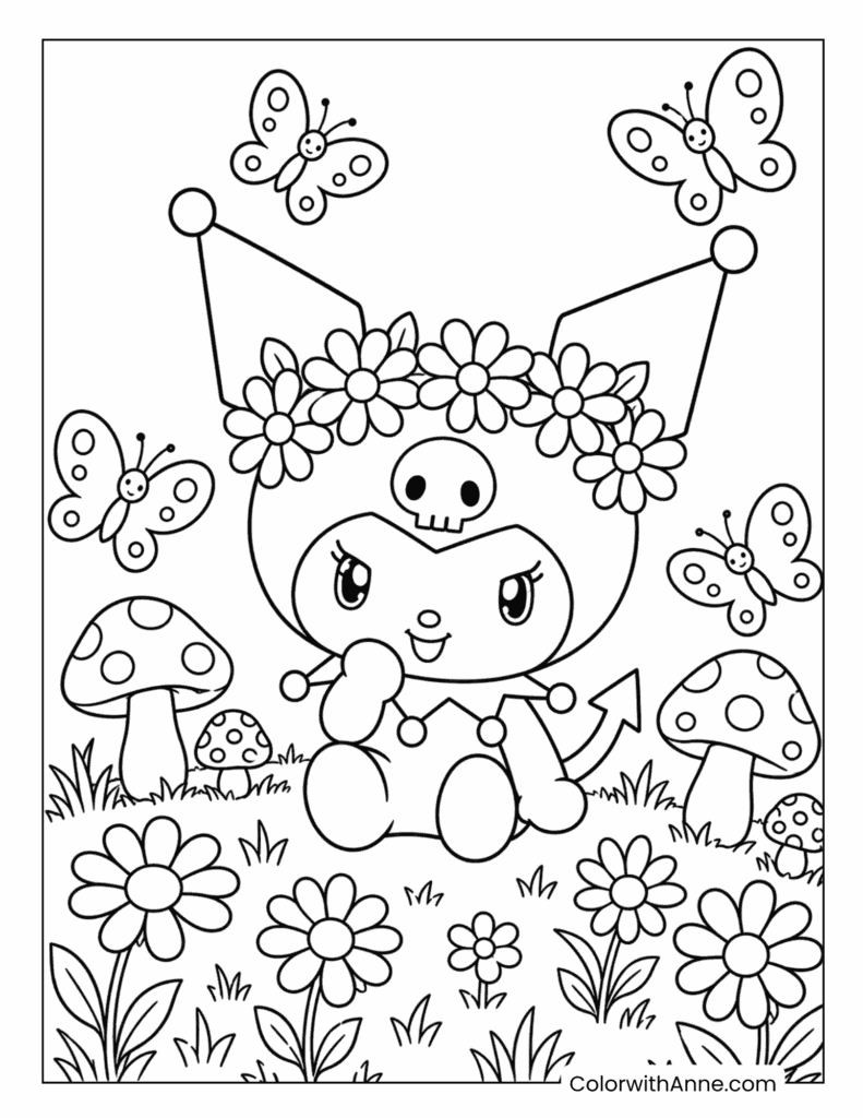 Kuromi in a Butterfly Flower Garden Coloring Page