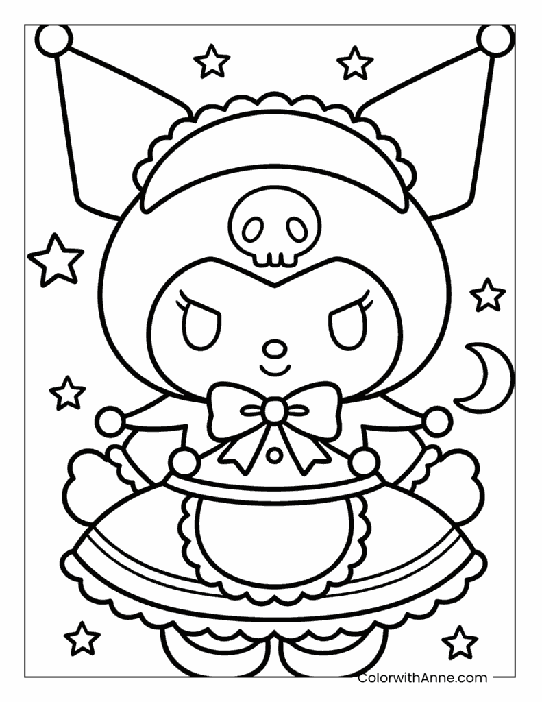Kuromi in a Frilly Dress Posing with Stars and Moon Coloring Page