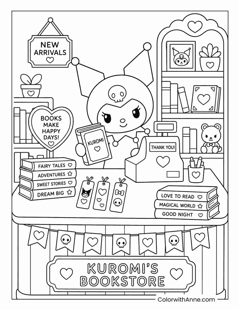 Kuromi’s Cozy Bookstore Coloring Page