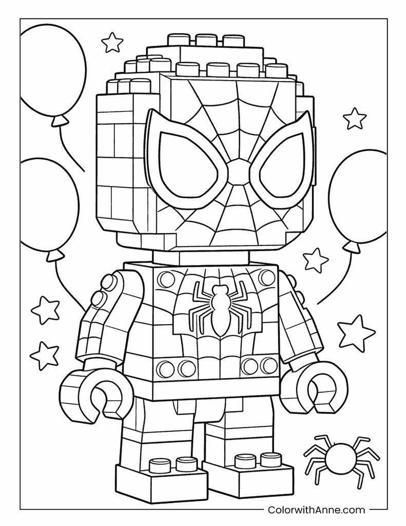 LEGO Spiderman in Action Pose with Balloons Coloring Page