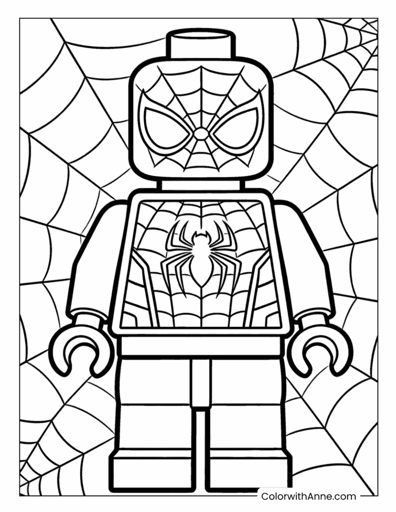 LEGO Spiderman on Spider Web Background Coloring Page