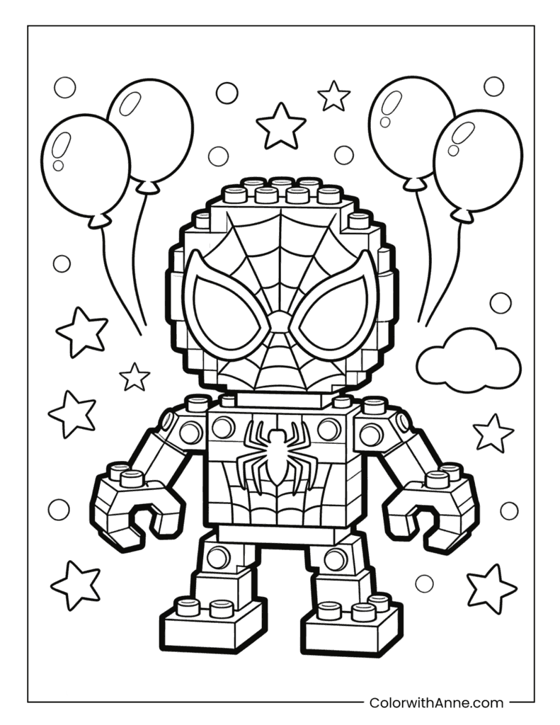 LEGO Spiderman with Balloons and Stars Coloring Page