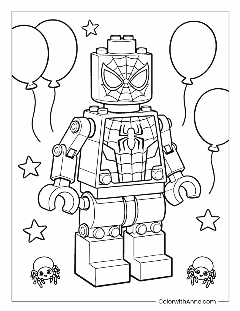 LEGO Spiderman with Small Spiders Coloring Page