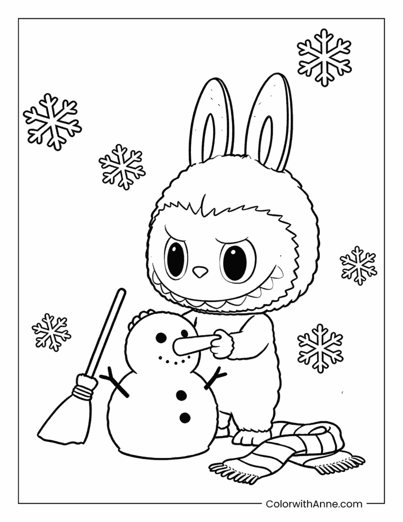 Labubu Building a Snowman Coloring Page