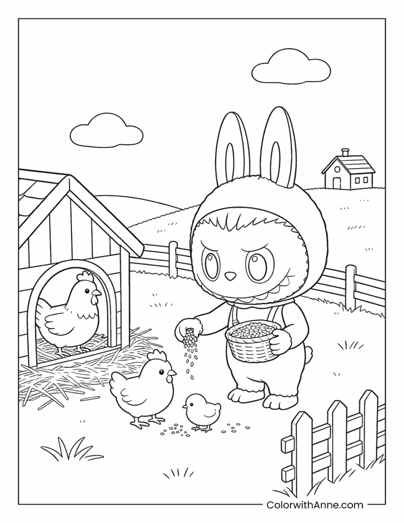 Cute Labubu Feeding Chickens Coloring Page