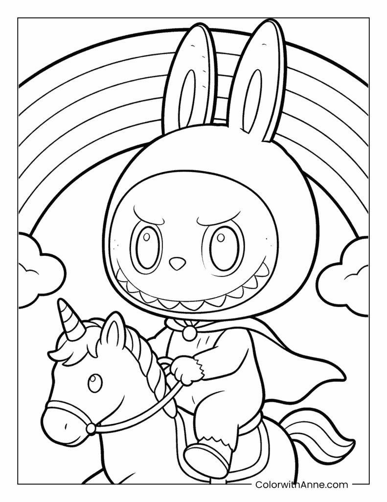 Labubu Riding a Rainbow Unicorn Coloring Page