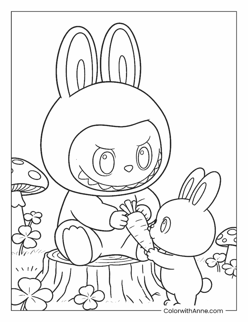 Cute Labubu Sharing a Carrot Coloring Page