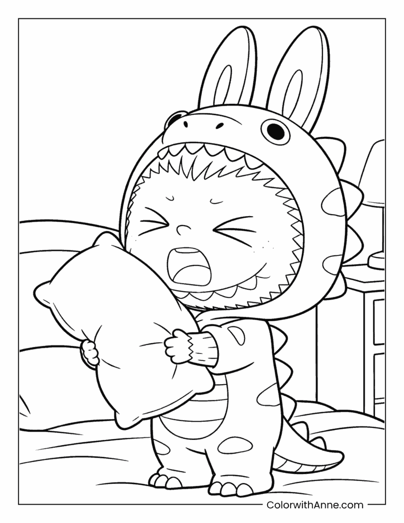 Labubu in Dinosaur Onesie Coloring Page