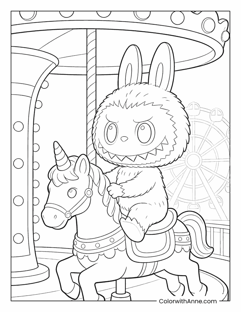 Labubu on a Carousel Unicorn Coloring Page