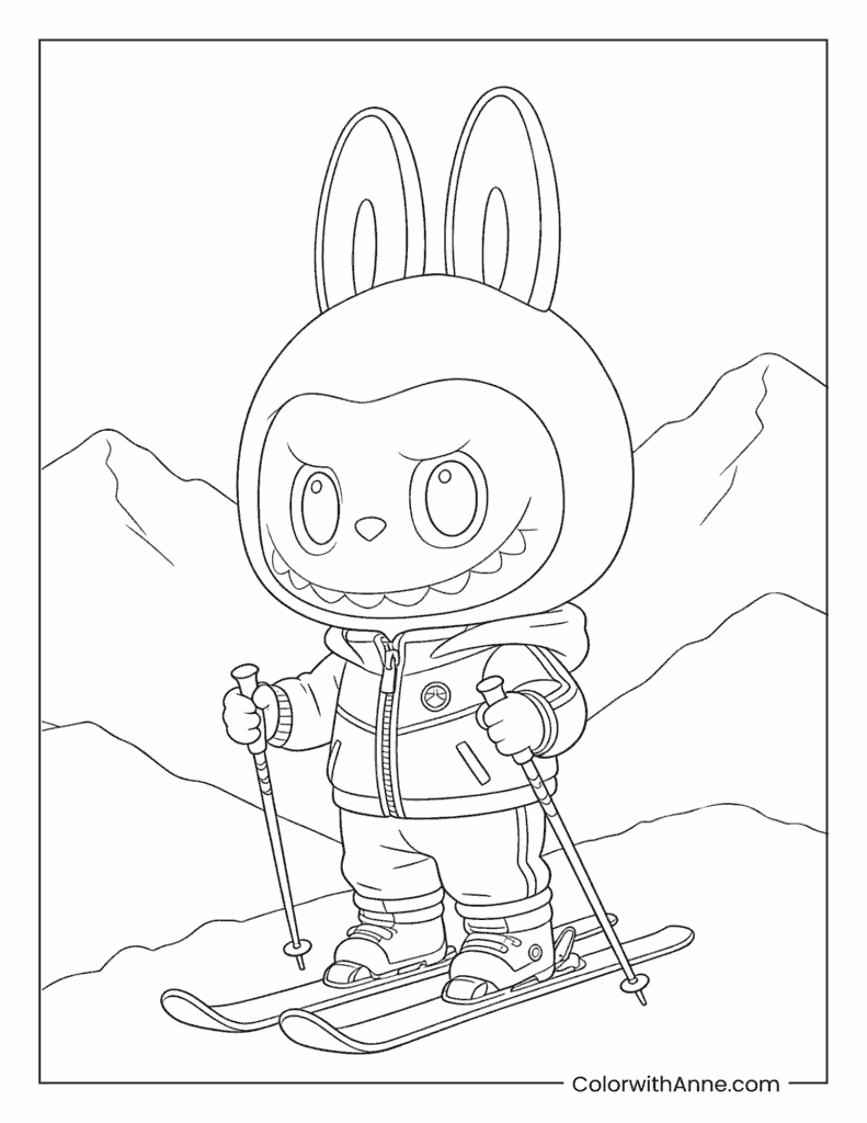 Labubu the Skiing Bunny Coloring Page