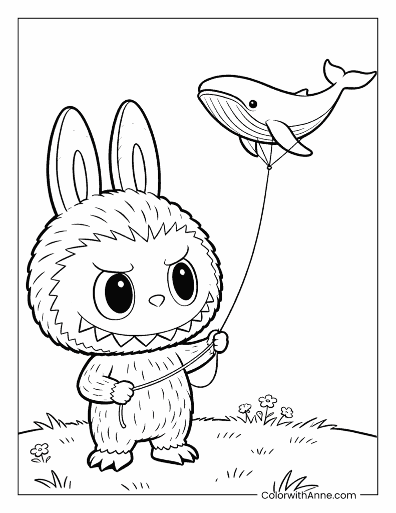 Labubu with Whale Balloon Coloring Page