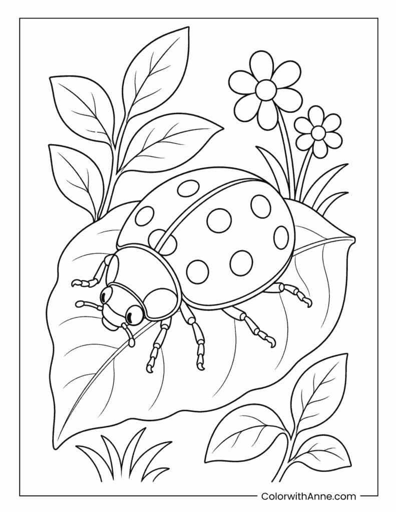 Ladybug Crawling Across a Leaf Coloring Page