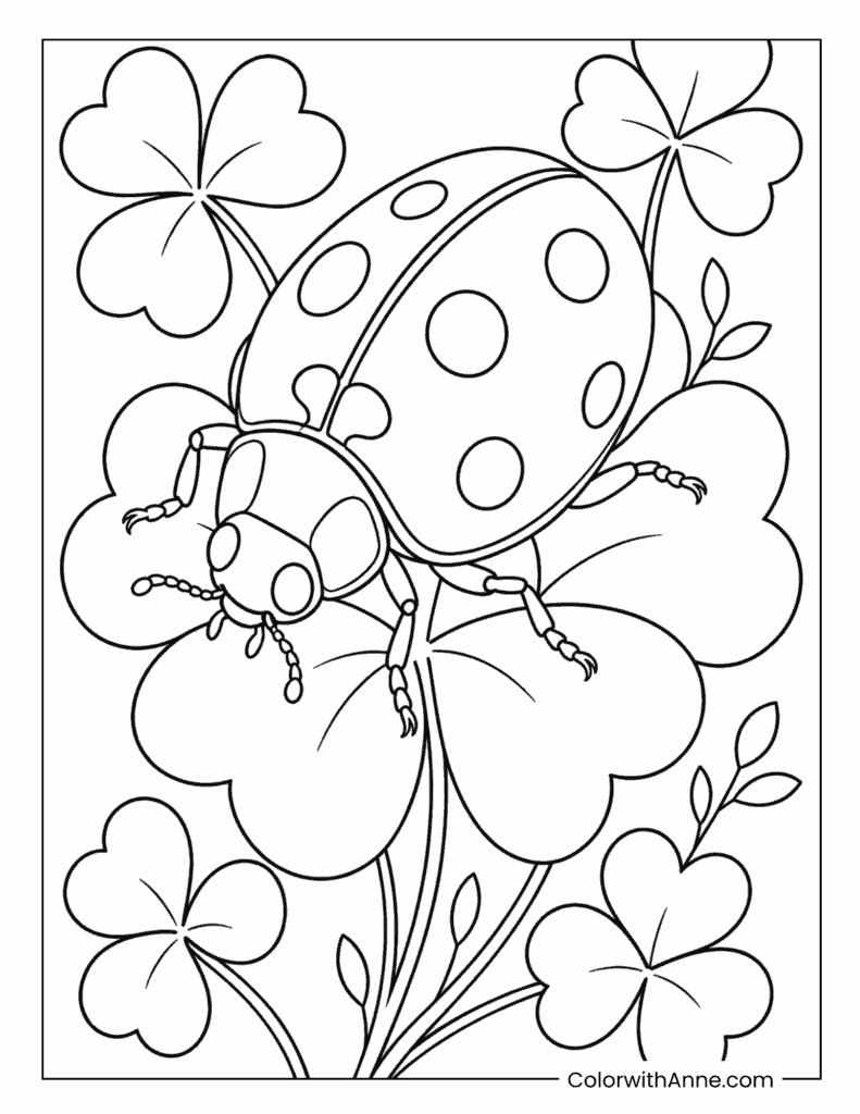 Ladybug Crawling on Clover Leaves Coloring Page