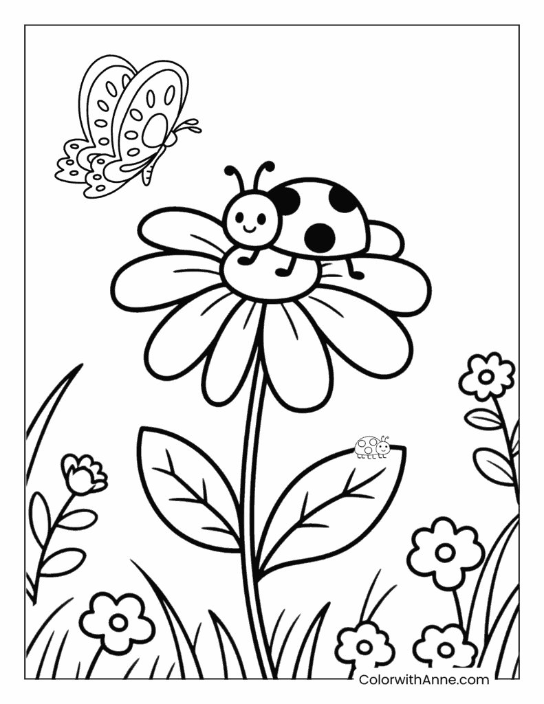 Ladybug Crawling on a Flower Coloring Page