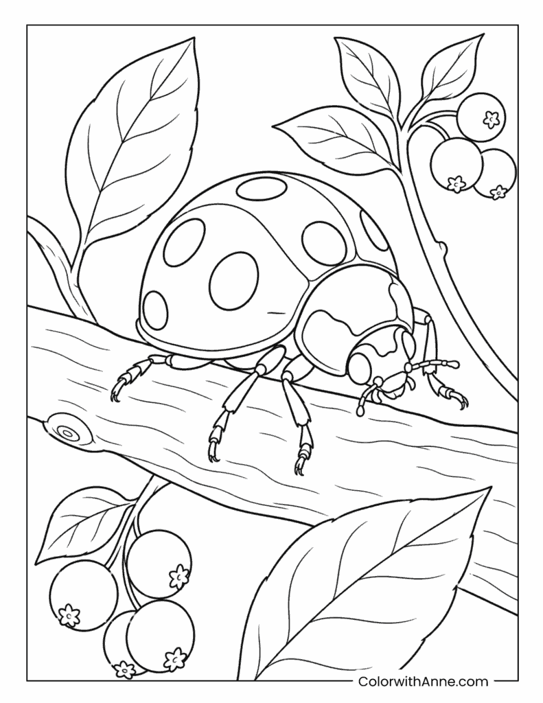 Ladybug Resting on a Berry Branch Coloring Page