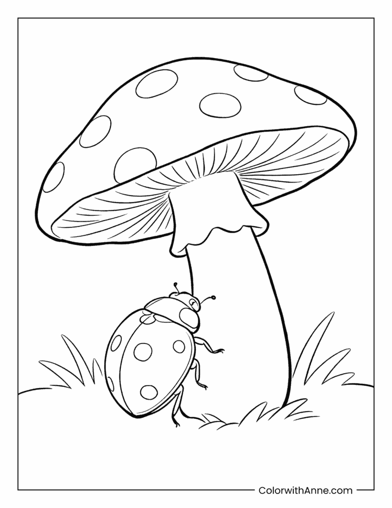 Ladybug and Spotted Mushroom Forest Scene Coloring Page