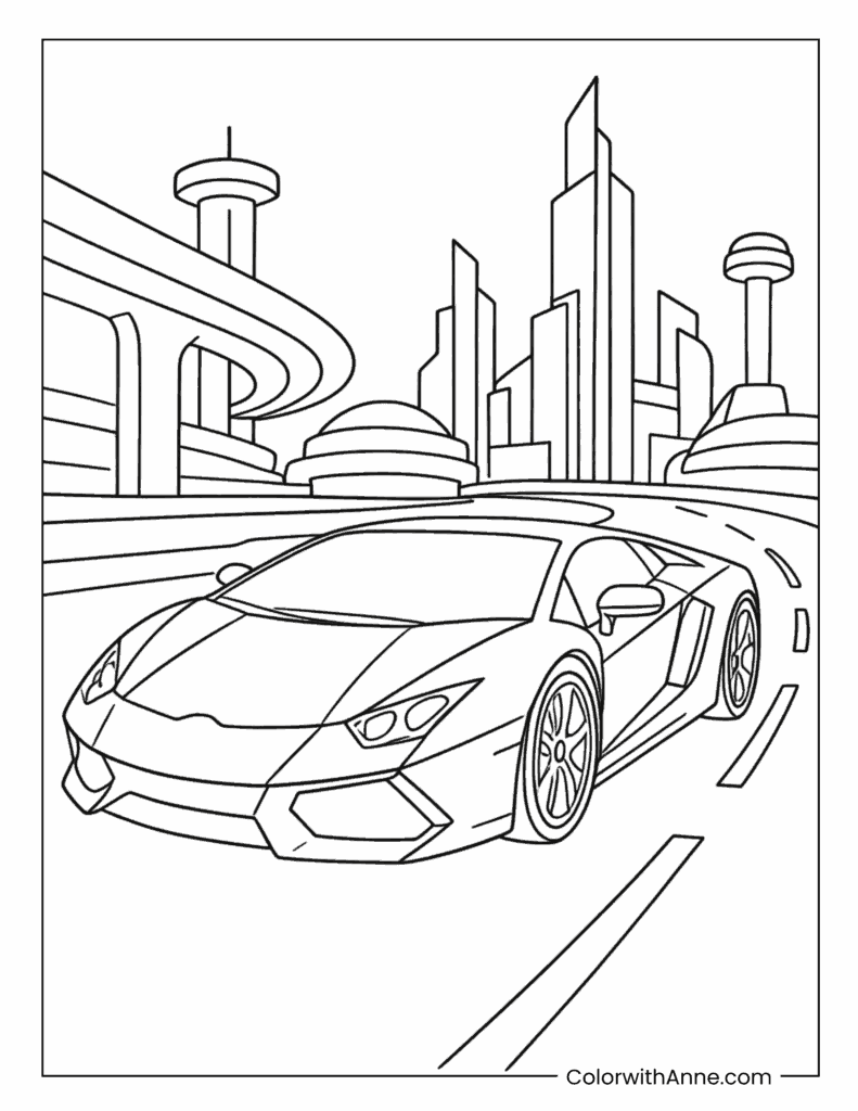 Lamborghini Aventador in a Futuristic City Coloring Page