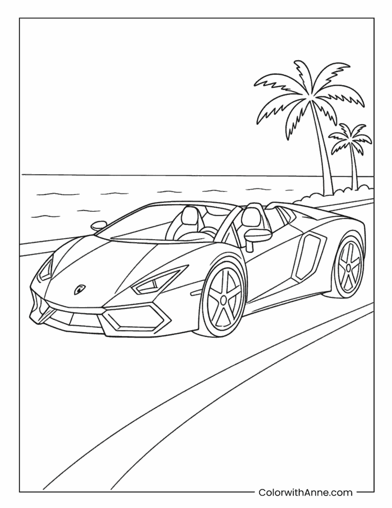 Lamborghini Aventador on a Coastal Road Coloring Page