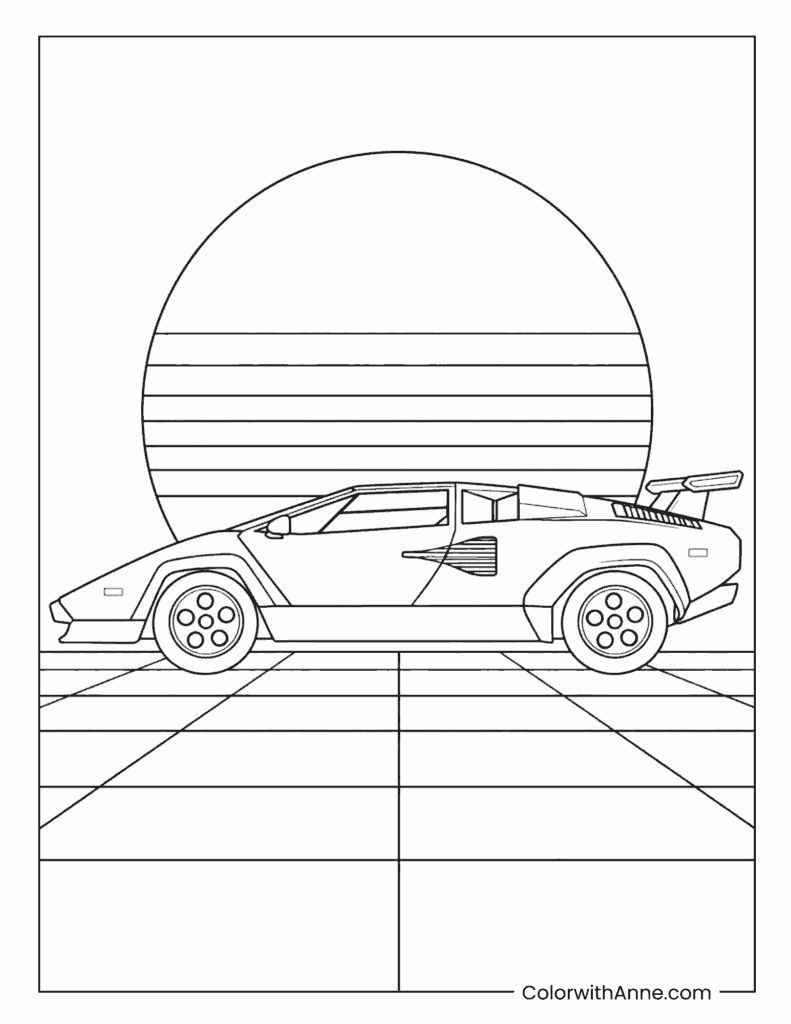 Lamborghini Countach Side View at Sunset Coloring Page