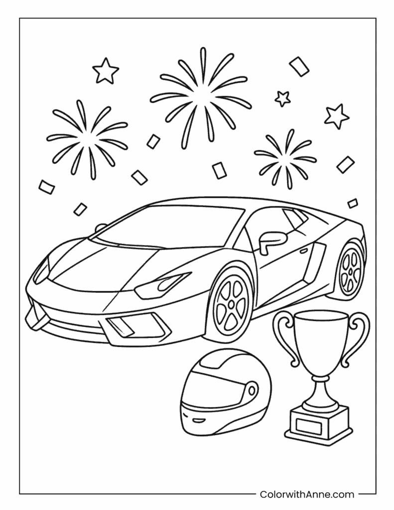 Lamborghini Race Car with Trophy and Helmet Coloring Page