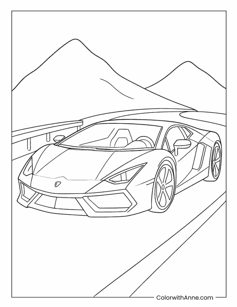 Lamborghini Revuelto on a Mountain Road Coloring Page