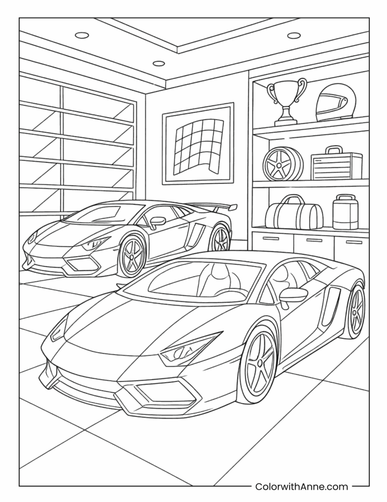 Lamborghini Supercars in a Luxury Garage Coloring Page