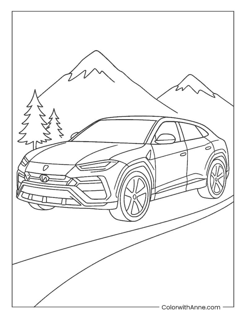 Lamborghini Urus on a Mountain Road Coloring Page