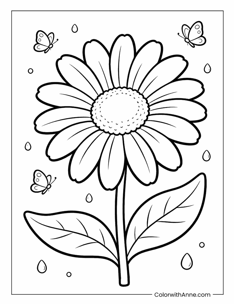 Large Daisy with Butterflies and Droplets Coloring Page