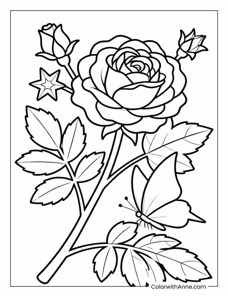 Large Rose Spring Coloring Page for Kids