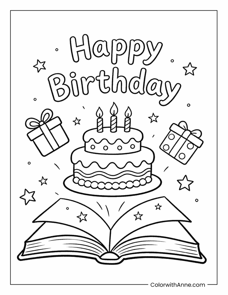 Layered Birthday Cake with Book and Gifts Coloring Page