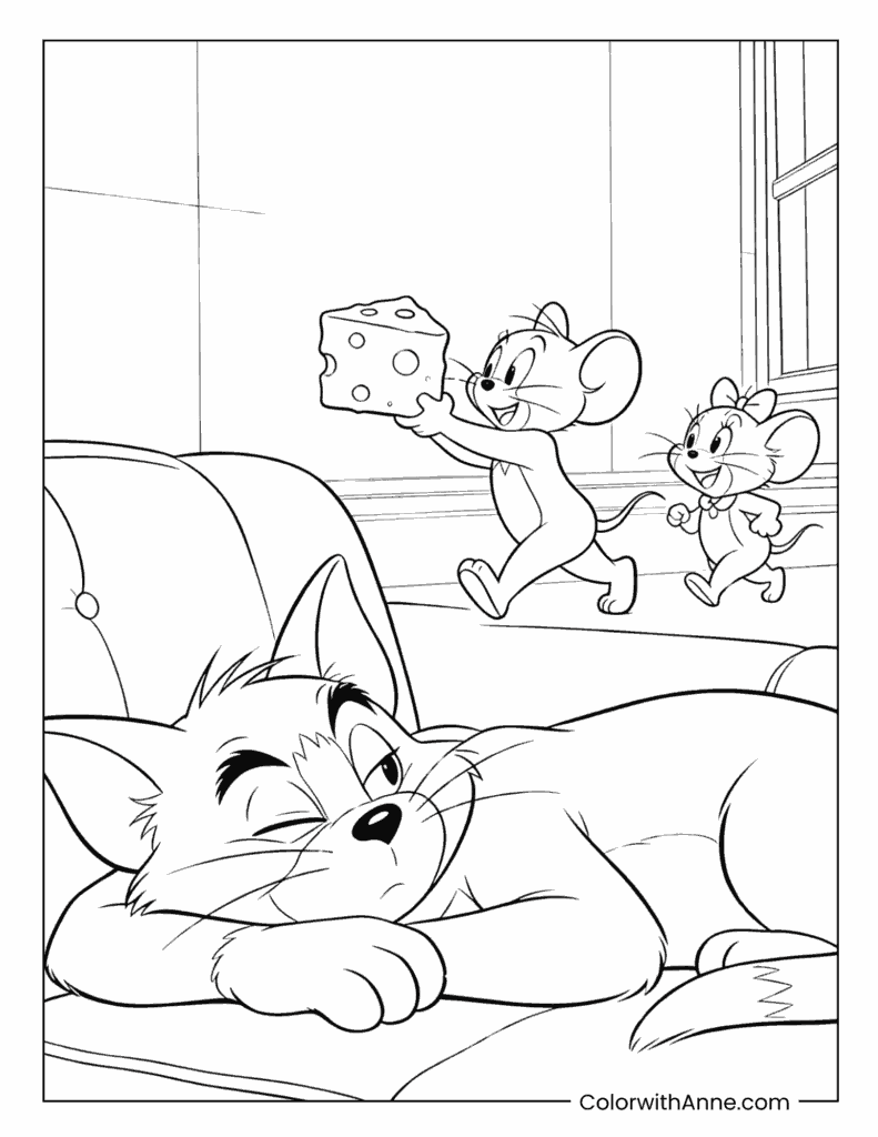Lazy Tom on Couch with Jerry Running Cheese Coloring Page