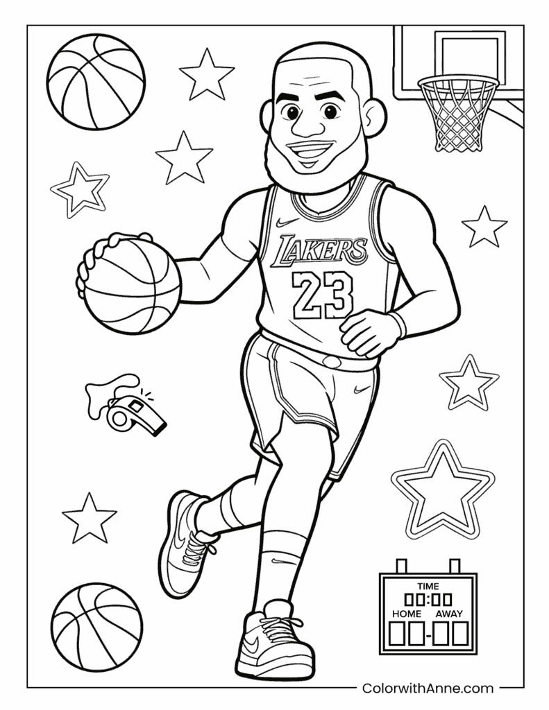 LeBron James Dribbling on Court Coloring Page