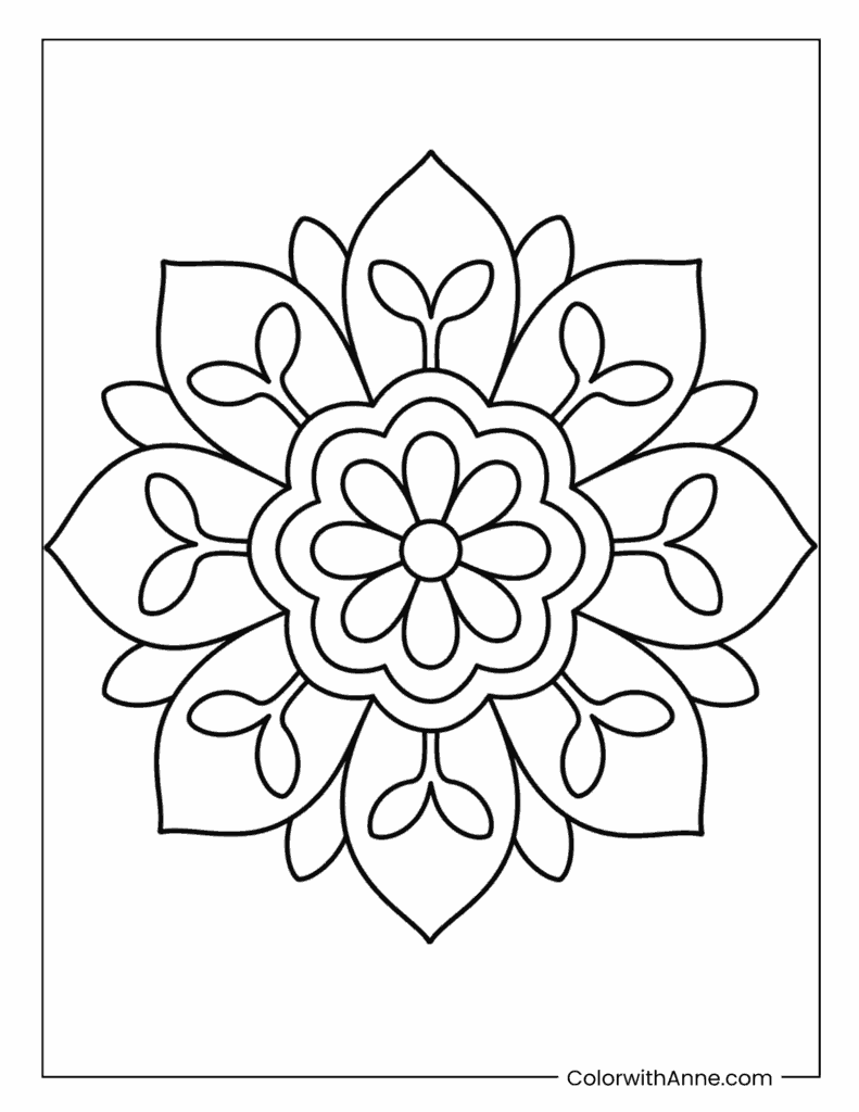 Leaf And Flower Mandala With Heart Petals Coloring Page