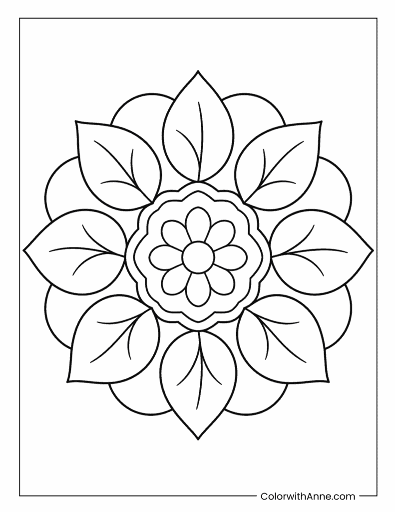 Leafy Center Mandala With Flower Core Coloring Page