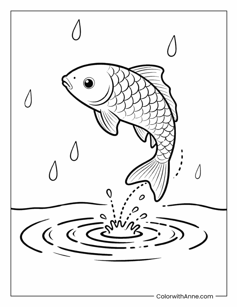 Leaping Carp over Water Ripples Coloring Page