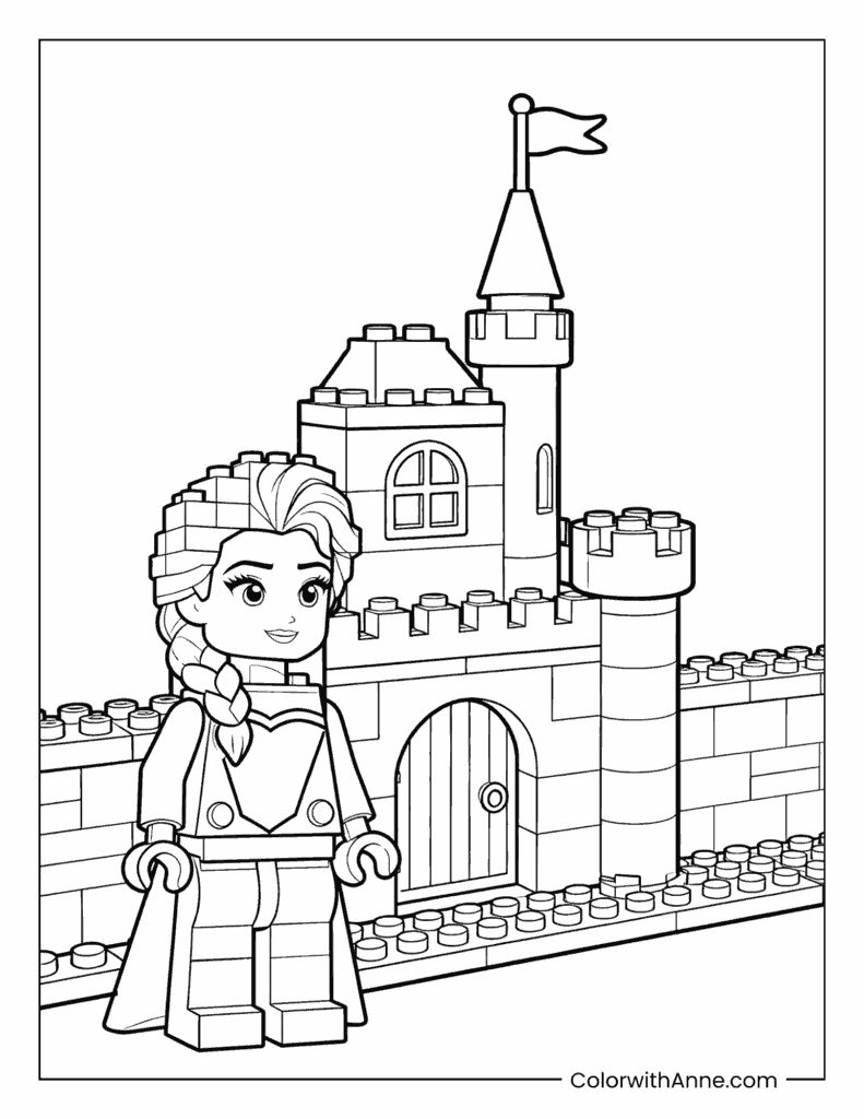 Lego Elsa and Castle Coloring Page