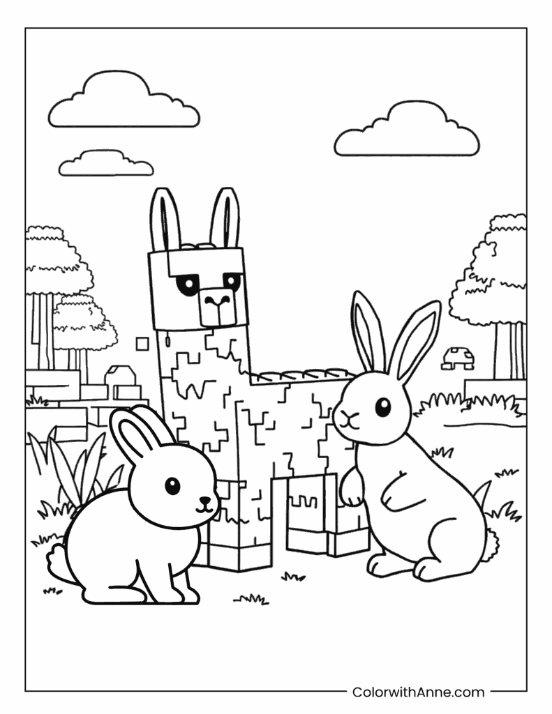 Lego Minecraft with Llama and Rabbits Coloring Page