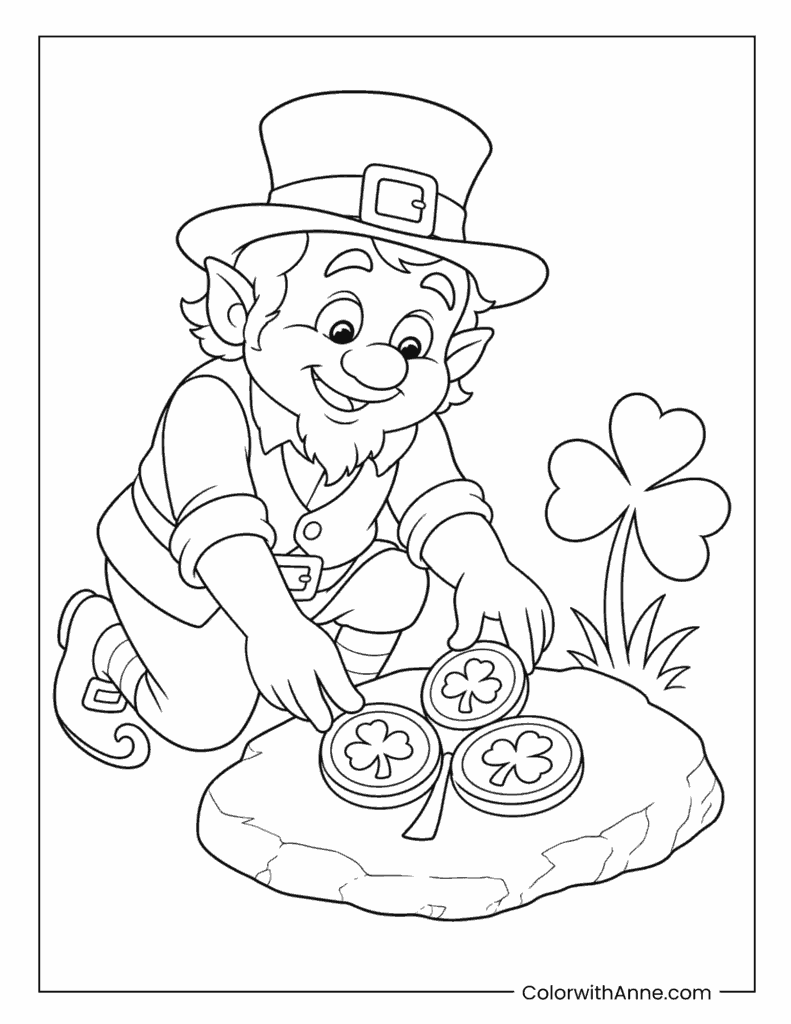 Leprechaun Arranging Lucky Coins Coloring Page
