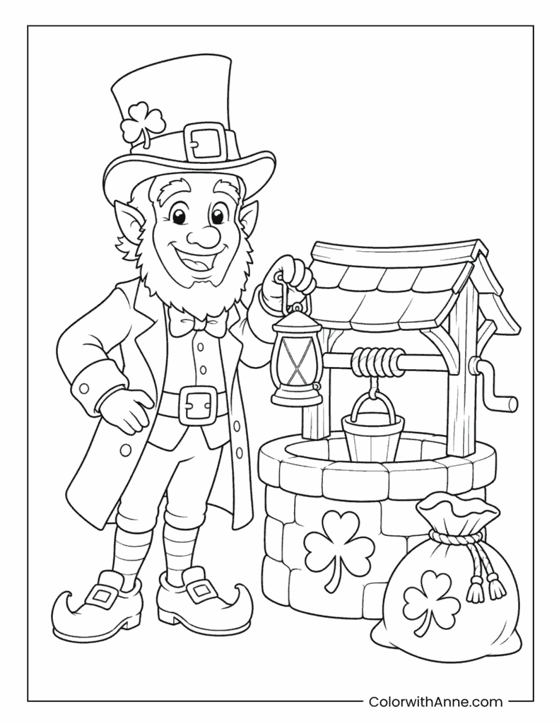 Leprechaun Beside Wishing Well Coloring Page