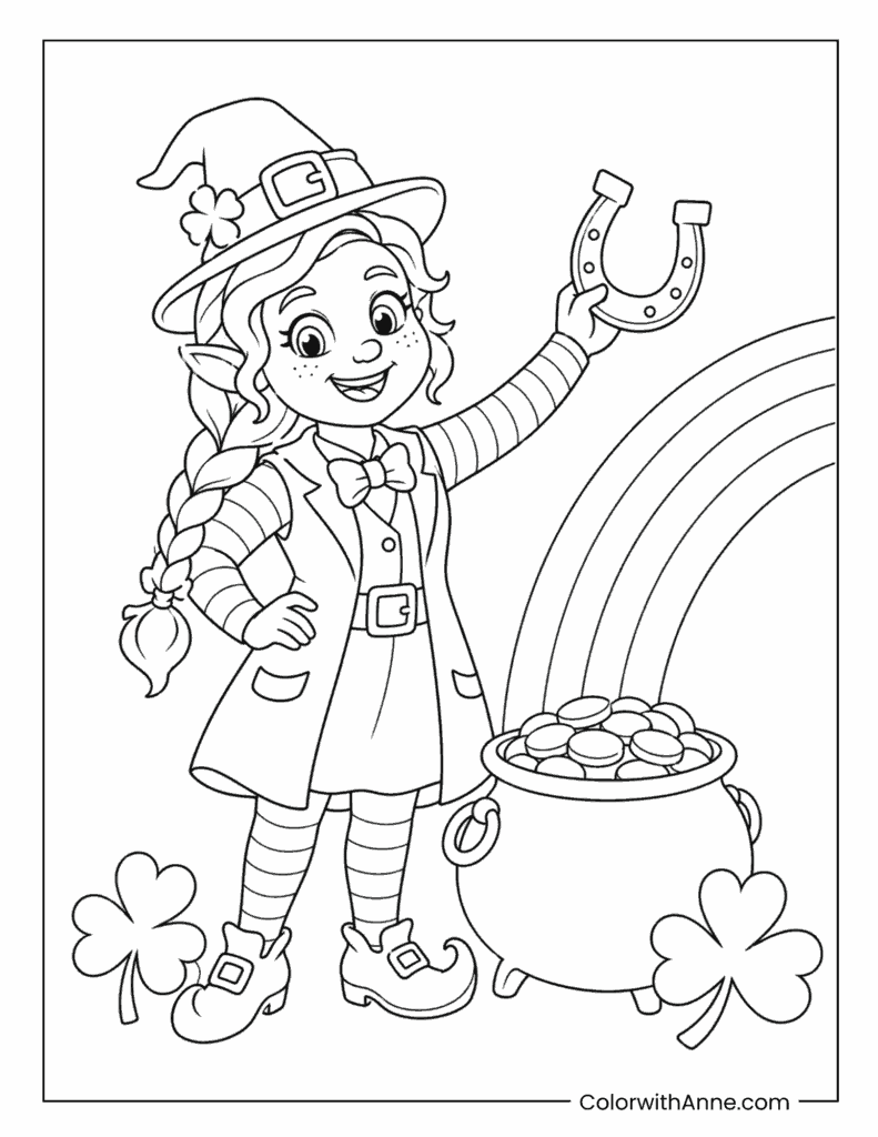 Leprechaun Girl Holding Horseshoe By Pot Coloring Page