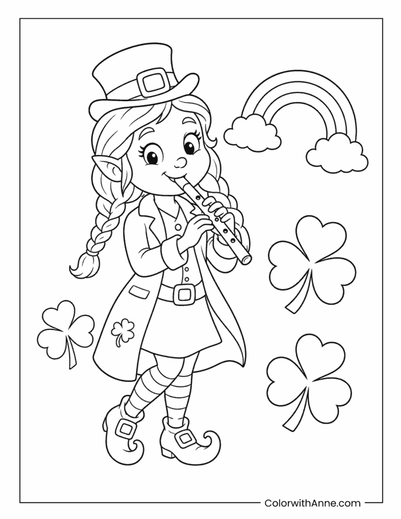 Leprechaun Girl Playing Flute Coloring Page