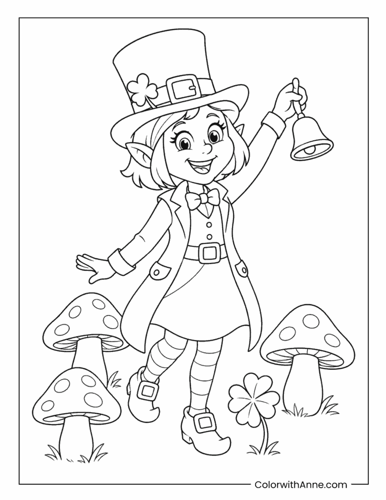 Leprechaun Girl Ringing Bell By Mushrooms Coloring Page