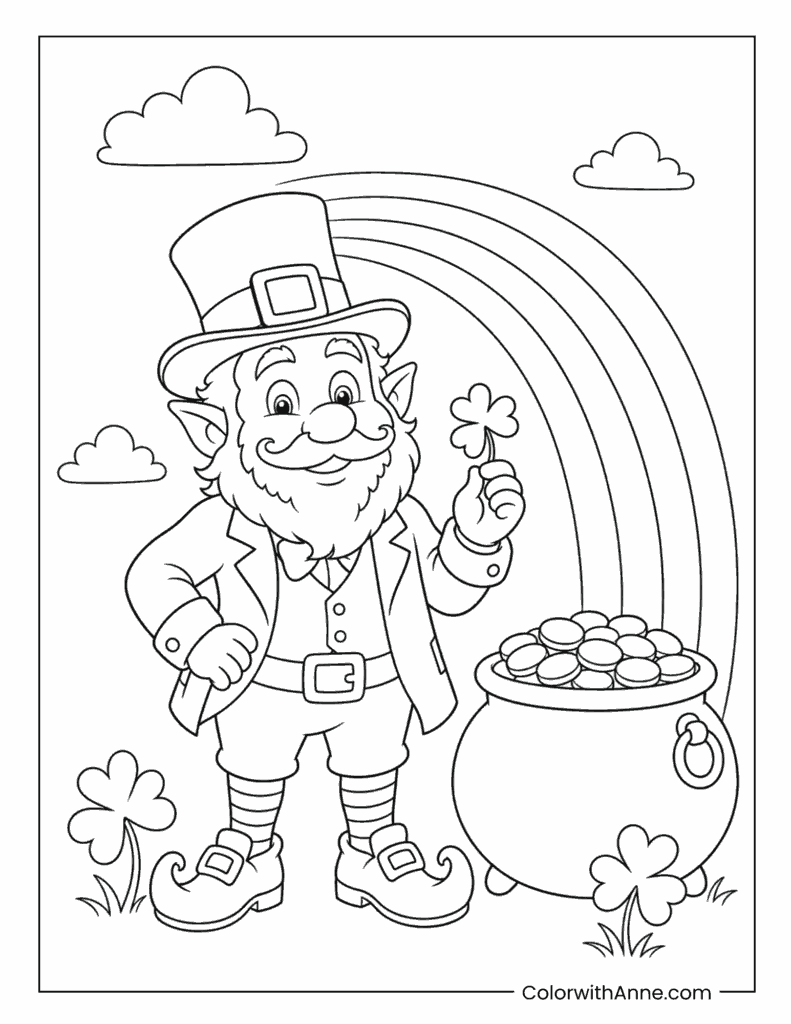 Leprechaun Holding Clover Beside Pot Coloring Page