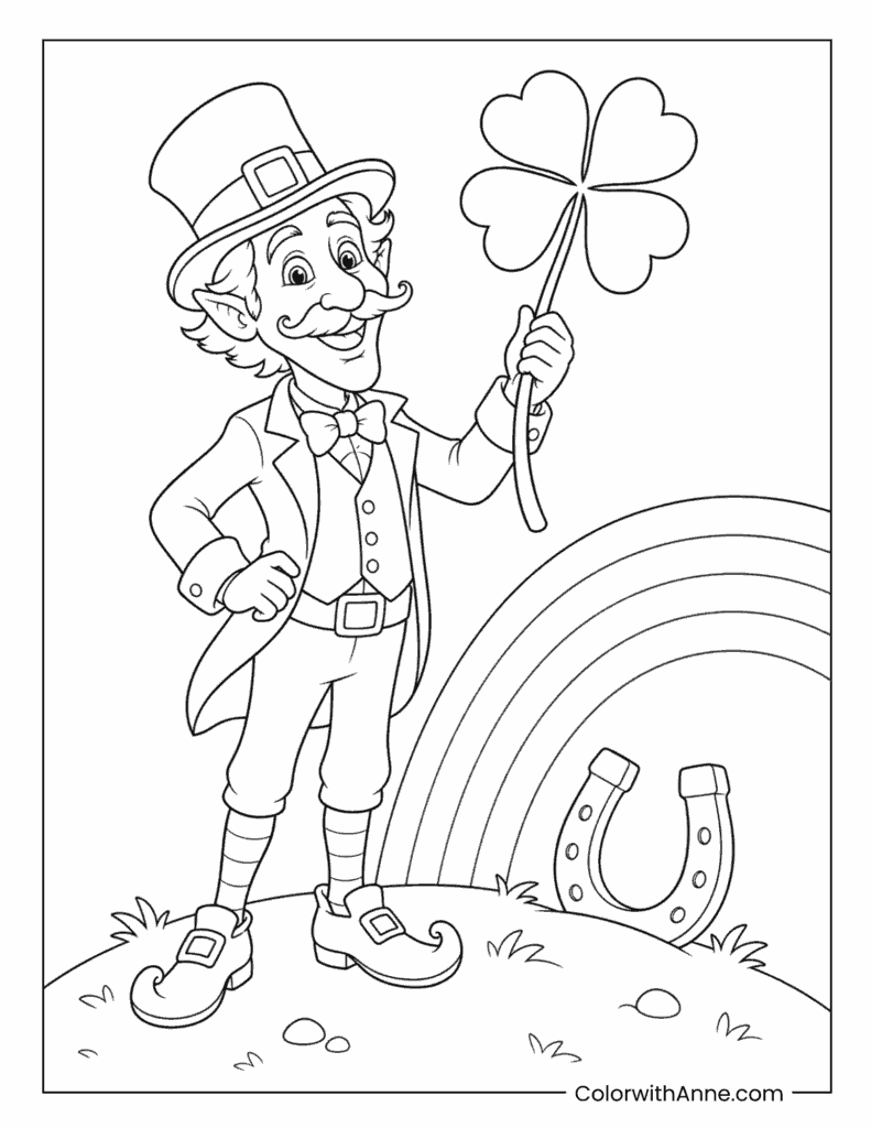 Leprechaun Holding Four Leaf Clover Coloring Page